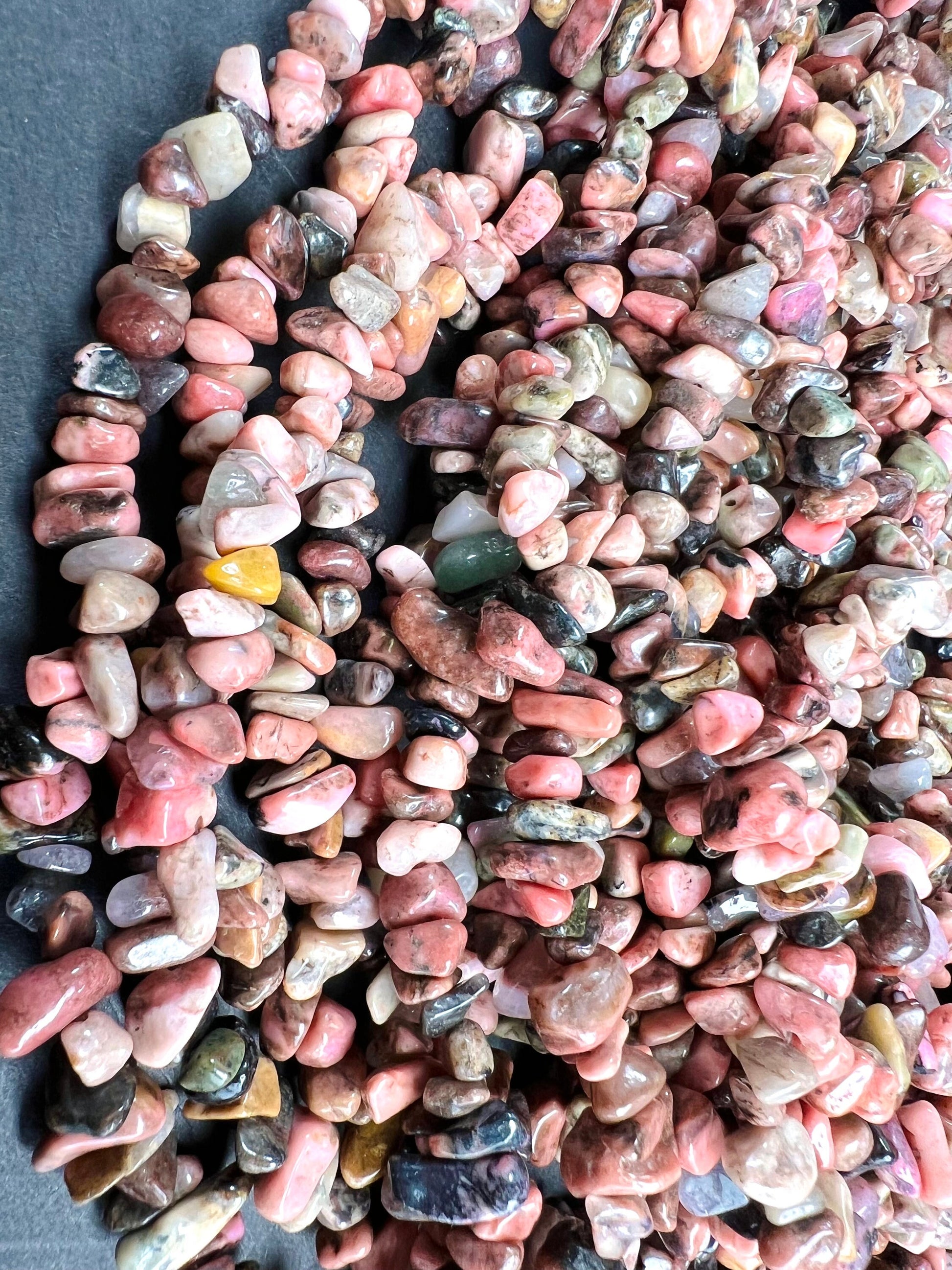 Rhodonite raw freedom nugget chip 4-8mm bead. 15” strand natural gemstone