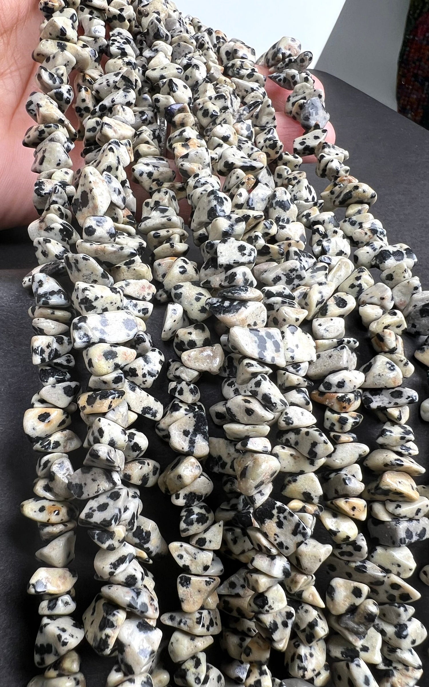 Dalmatian jasper raw freedom smooth nugget chip 4-8mm bead. 15” strand natural gemstone